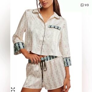 Free People Cream Satin Short Pajama Set with Blue-Green Printed Trim